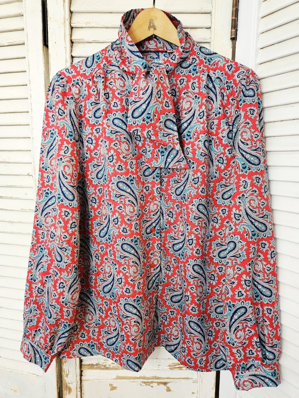 Vintage 80s Tie Neck Blouse Red And White Paisley Puff Sleeve Made In USA Medium